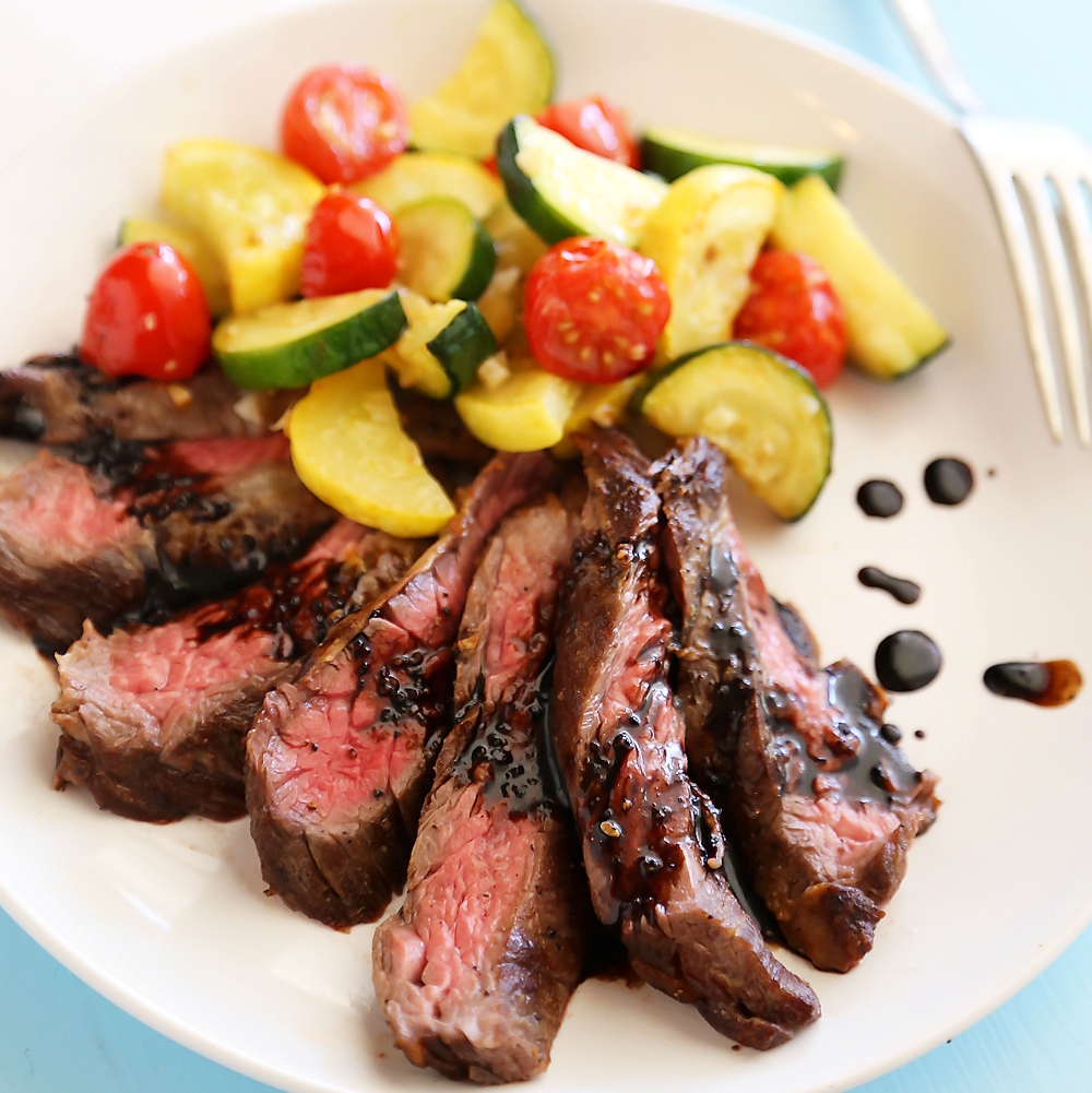 Skillet Balsamic Skirt Steak with Garlic Zucchini, Squash and Tomatoes