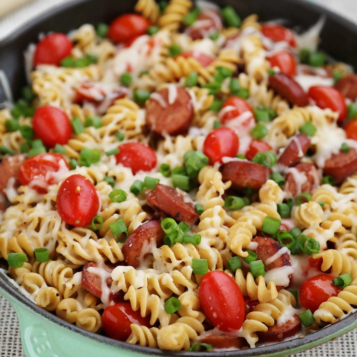 Cheesy Sausage and Tomato Pasta Skillet