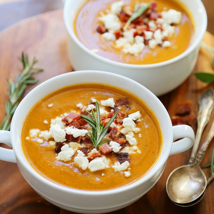 Creamy Sweet Potato Soup with Bacon and Goat Cheese