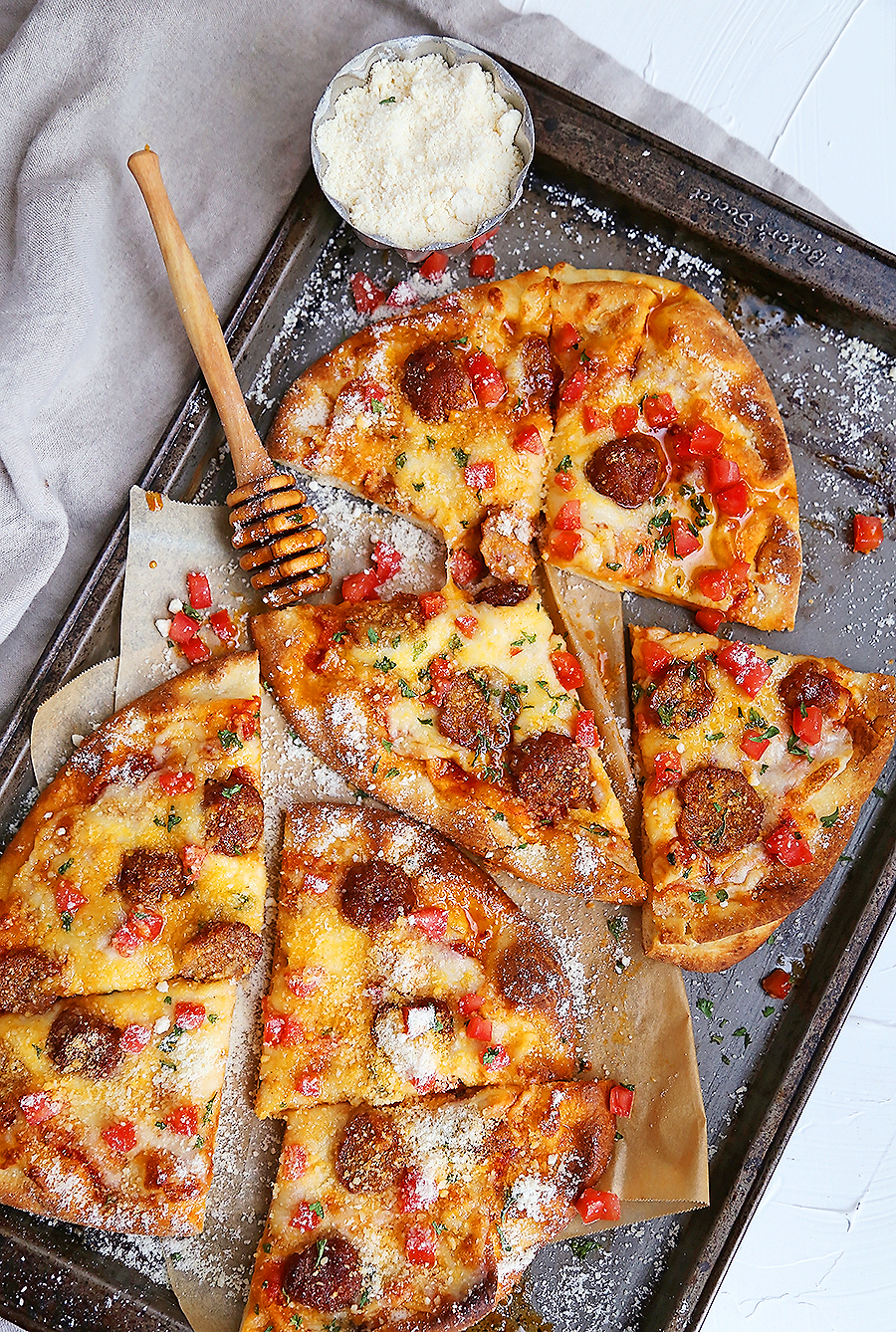 Meatball Flatbread Pizzas with Hot Honey