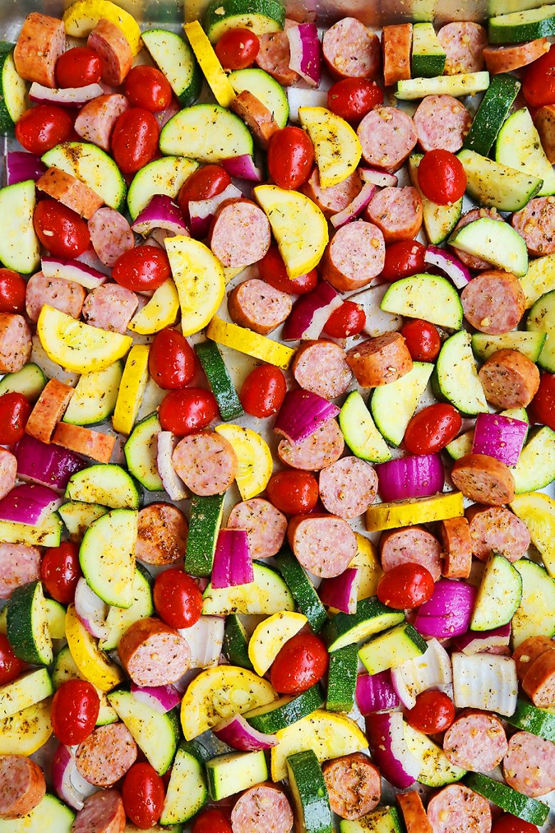 Sausage, Zucchini + Tomato Sheet Pan Dinner The Comfort of Cooking