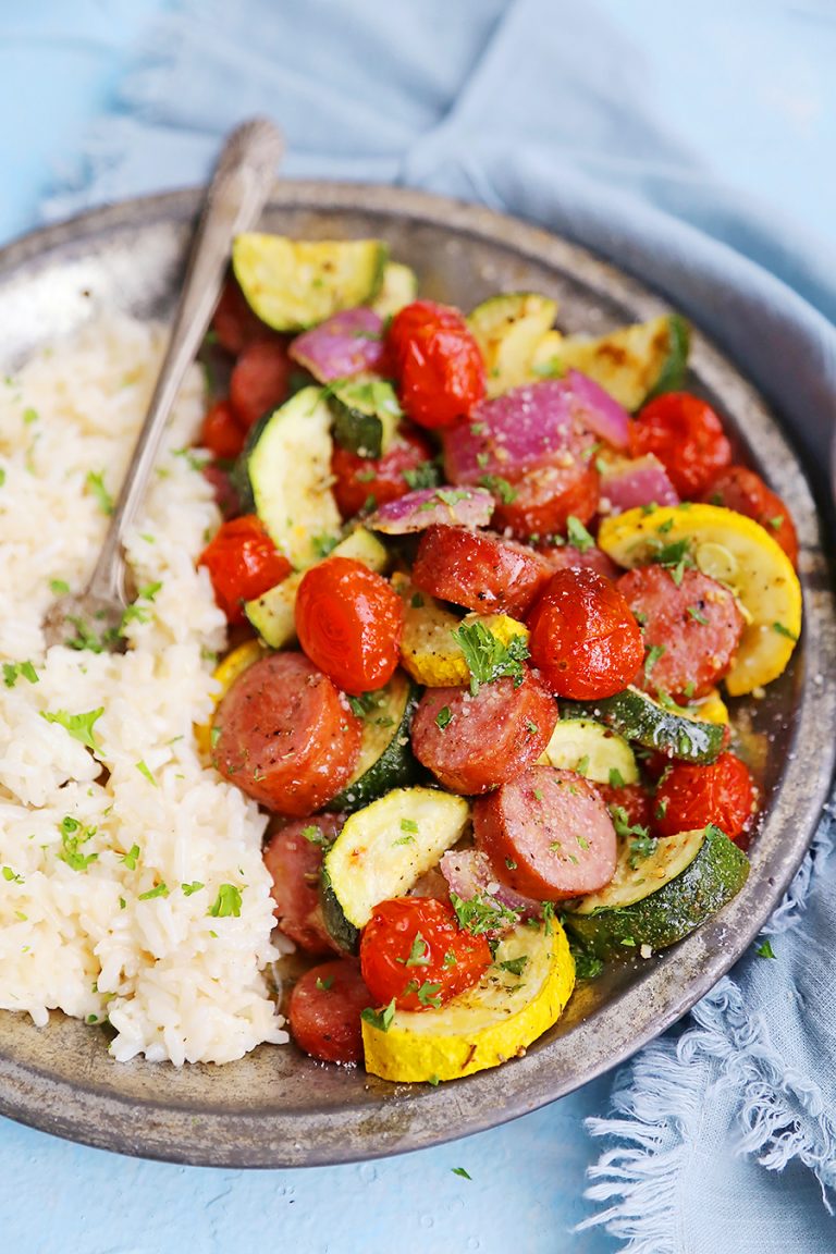 Sausage, Zucchini + Tomato Sheet Pan Dinner The Comfort of Cooking