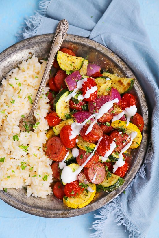 Sausage, Zucchini + Tomato Sheet Pan Dinner The Comfort of Cooking