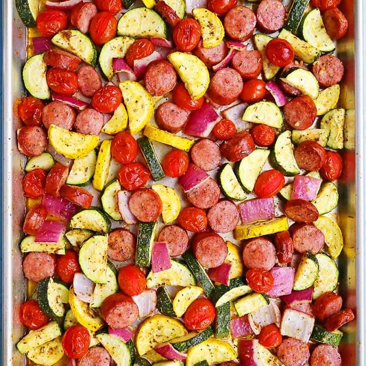 Sausage, Zucchini + Tomato Sheet Pan Dinner