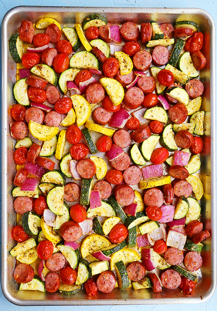 Sausage, Zucchini + Tomato Sheet Pan Dinner