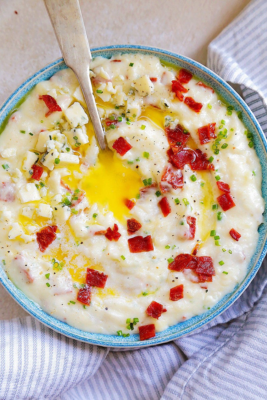 Creamy Mashed Potatoes with Turkey Bacon and Gorgonzola