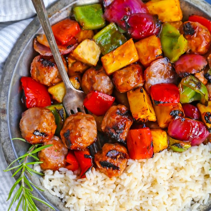 BBQ Sausage, Veggie + Pineapple Skewers